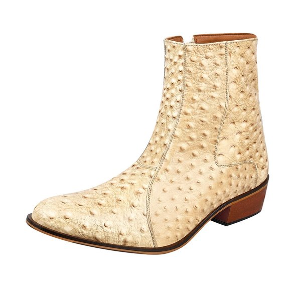 LIBERTYZENO Men's Ostrich Print Leather High Ankle Zipper Retro Beige Boots - Picture 1 of 8